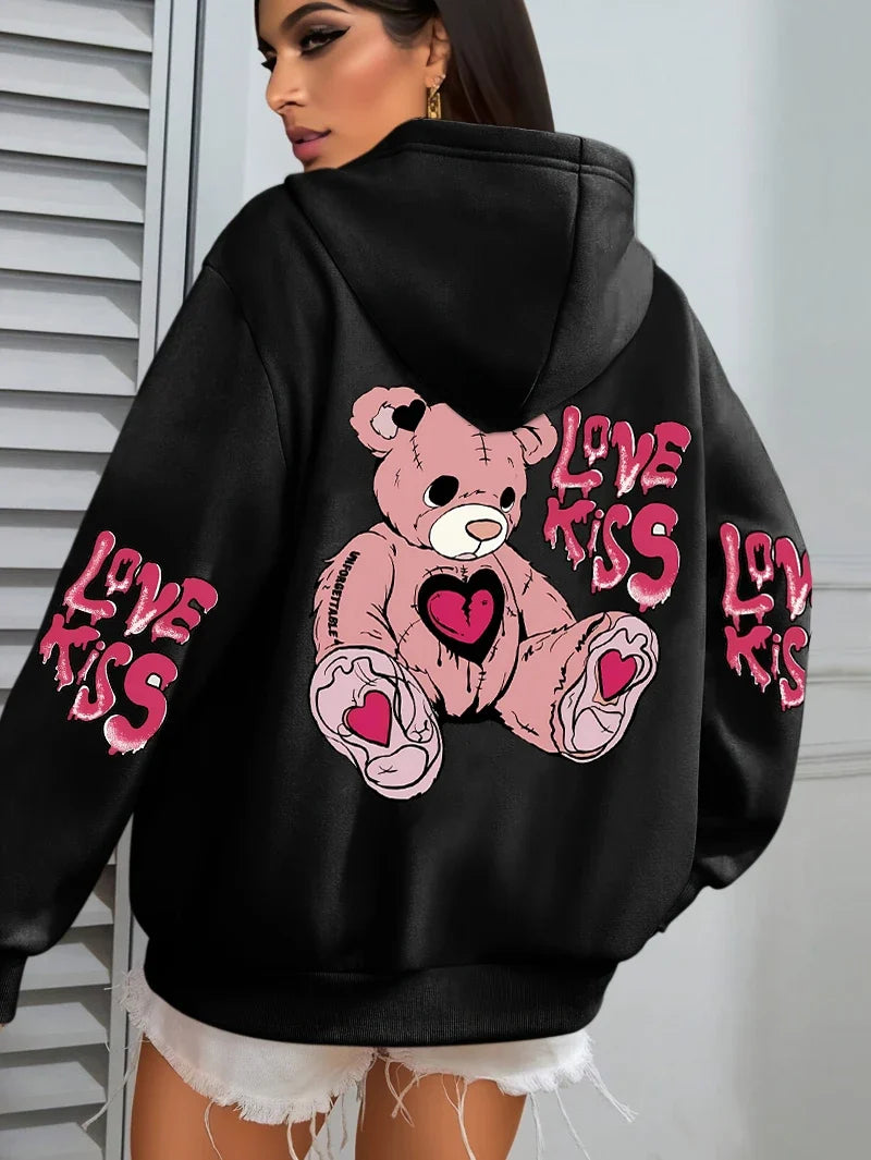 Pink Love Kiss Art Letter Prints Hoodies Women Pocket Autumn Hoody Fleece Multicolor Streetwear Unisex Hip Hop Y2K Clothing