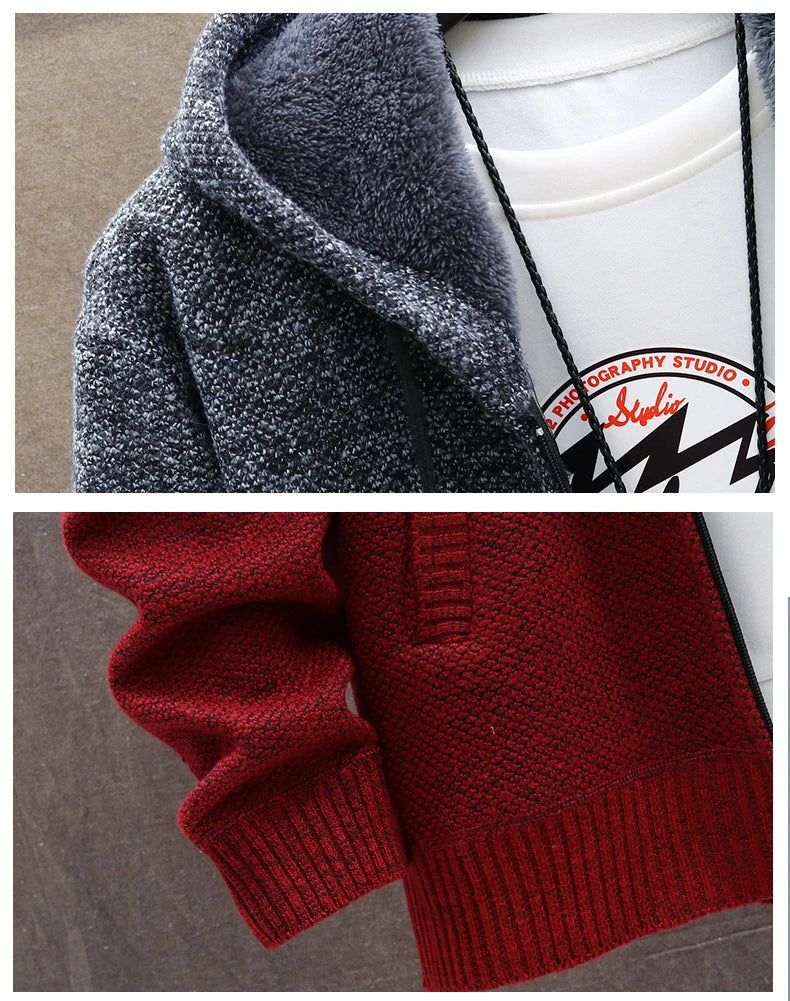 Men's Knit Sweater Fleece Coat Striped Jackets Fashion Hoodies Winter Autumn Thick Warm Windbreaker Pullovers Male Clothing
