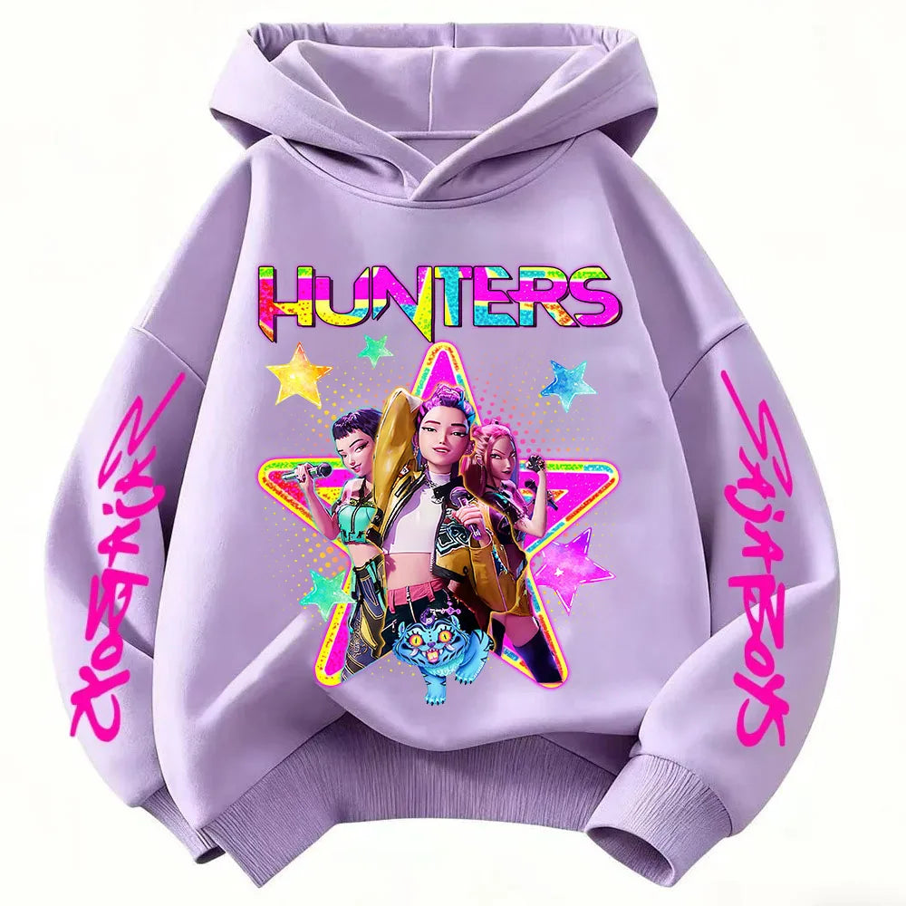2026 KPop Demon Hunter Cartoon Girls Boy Hooded Sweatshirt Warm Children's Korean Wave Fashion Casual Tops Casual Girls Clothing