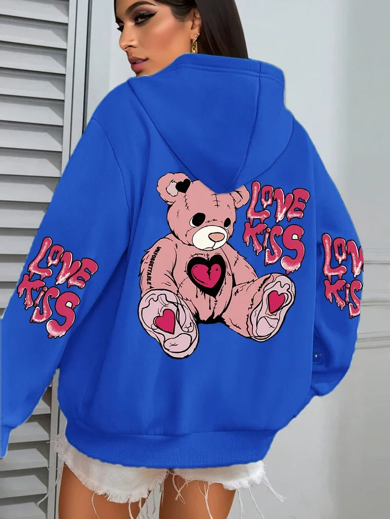 Pink Love Kiss Art Letter Prints Hoodies Women Pocket Autumn Hoody Fleece Multicolor Streetwear Unisex Hip Hop Y2K Clothing