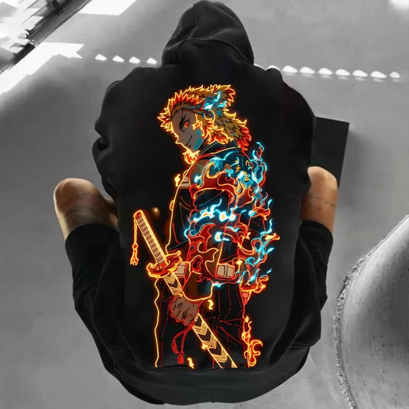 Japanese Anime Demon Slayer Akaza&Rengoku Kyoujurou Pattern Autumn/Winter Hoodie Harajuku Y2k Couple's Long Sleeve Top Men Women