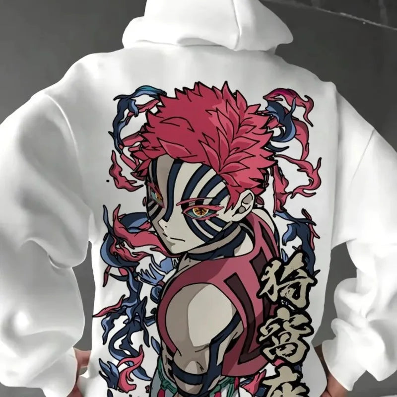 Harajuku Japan Anime Demon Slayer Men Women Hoodies Plus Size Sweatshirt Retro Akaza Pattern Unisex Long Sleeve Pullover