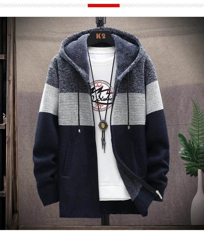 Men's Knit Sweater Fleece Coat Striped Jackets Fashion Hoodies Winter Autumn Thick Warm Windbreaker Pullovers Male Clothing