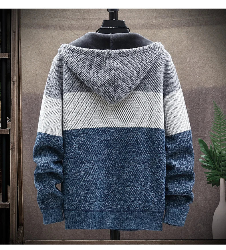 Men's Knit Sweater Fleece Coat Striped Jackets Fashion Hoodies Winter Autumn Thick Warm Windbreaker Pullovers Male Clothing