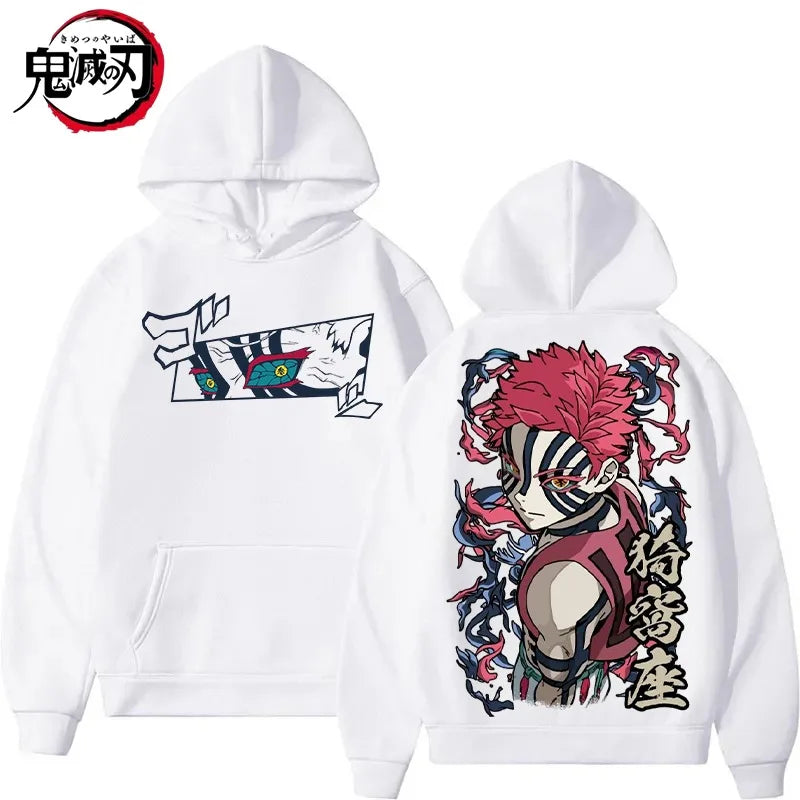 Harajuku Japan Anime Demon Slayer Men Women Hoodies Plus Size Sweatshirt Retro Akaza Pattern Unisex Long Sleeve Pullover