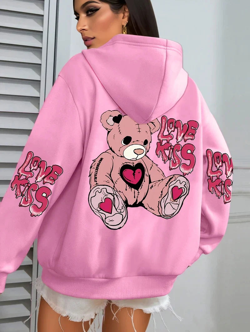 Pink Love Kiss Art Letter Prints Hoodies Women Pocket Autumn Hoody Fleece Multicolor Streetwear Unisex Hip Hop Y2K Clothing