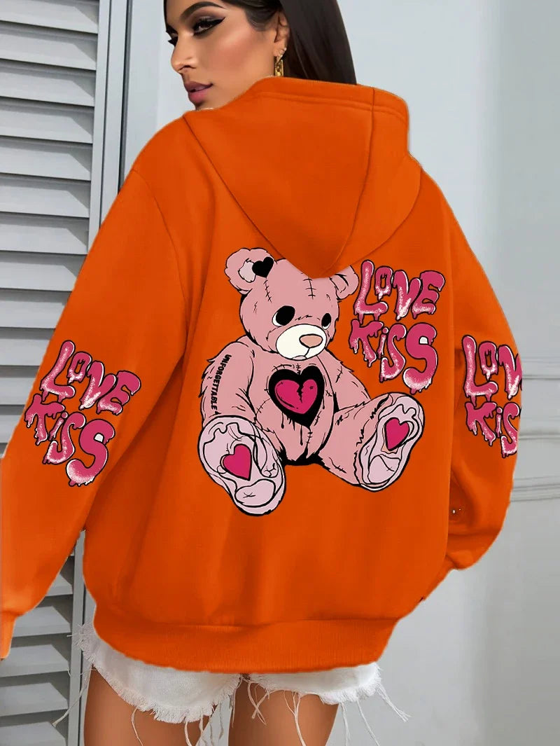 Pink Love Kiss Art Letter Prints Hoodies Women Pocket Autumn Hoody Fleece Multicolor Streetwear Unisex Hip Hop Y2K Clothing