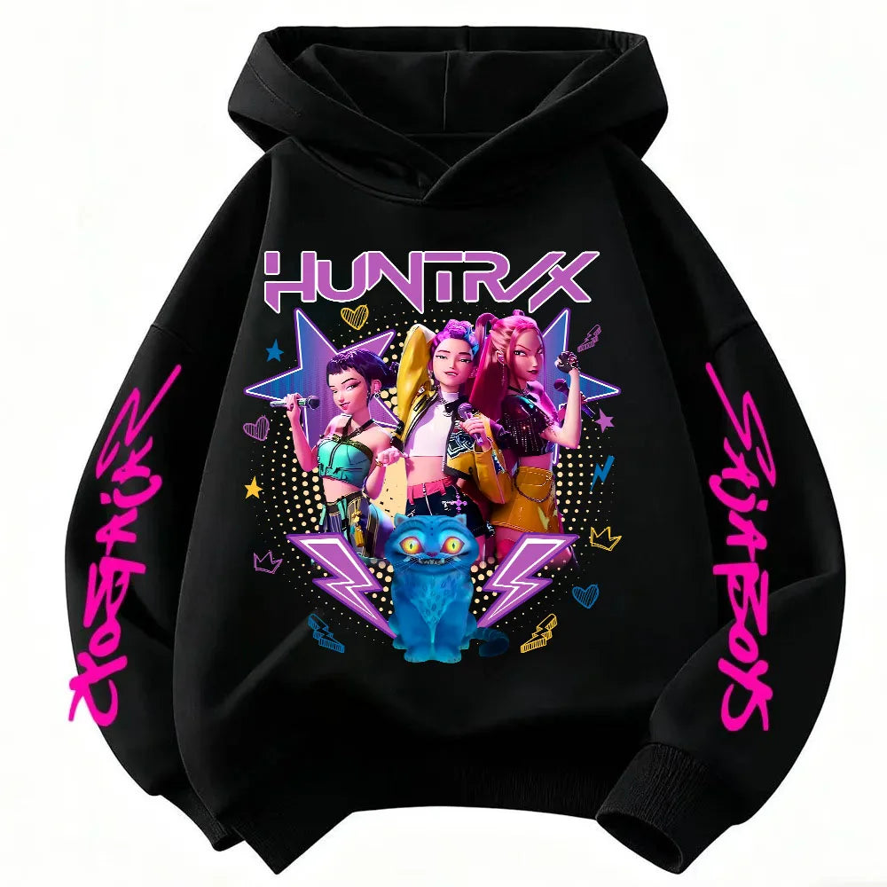 2026 KPop Demon Hunter Cartoon Girls Boy Hooded Sweatshirt Warm Children's Korean Wave Fashion Casual Tops Casual Girls Clothing