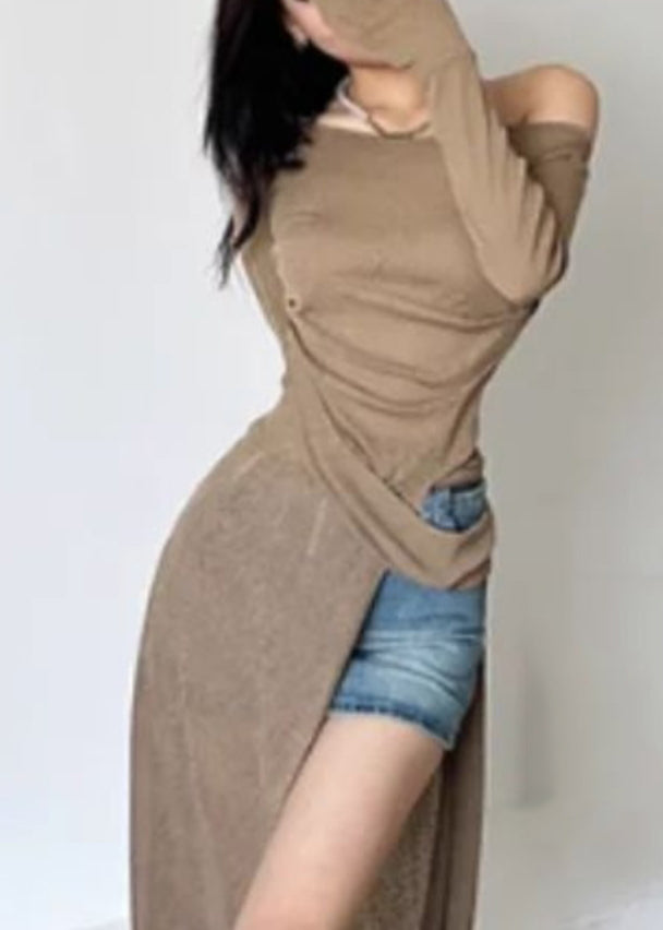 Open Sexy Shoulder Brown Dresses Side Maxi One Silk Asymmetrical