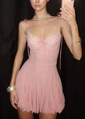 Strap Sexy Sleeveless Dress Spaghetti Tulle Patchwork Mid Pink