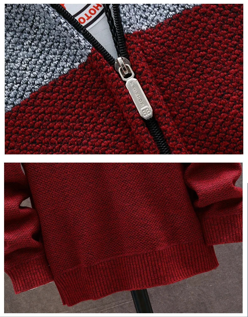 Men's Knit Sweater Fleece Coat Striped Jackets Fashion Hoodies Winter Autumn Thick Warm Windbreaker Pullovers Male Clothing