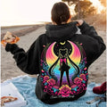 Neon Art Hoodie. Autumn Winter Y2K Rainbow Moon Girl Print Sweatshirt. Edgy Loose Hooded Top for Women