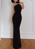 Open Cotton Sleeveless Black Slim Side Long Fit Dress Turtleneck