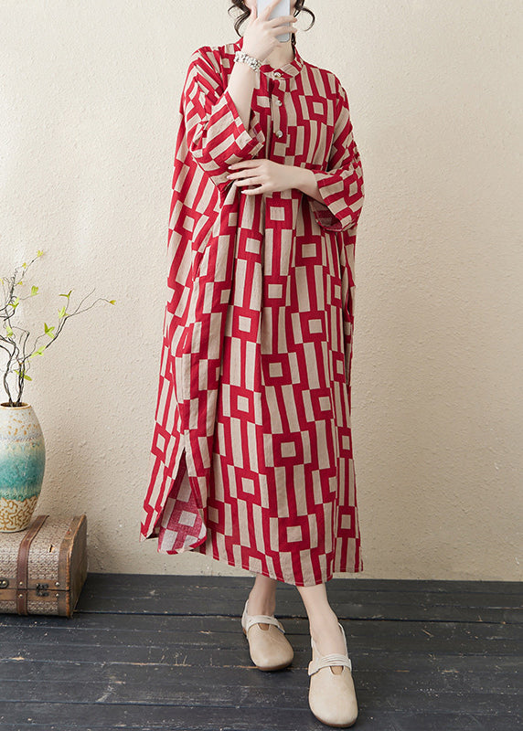 Red Side Open Collar Stylish Stand Striped Bracelet Dress Long