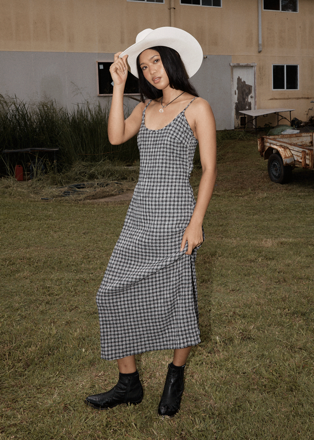 AFENDS Womens Rumi - Seersucker Midi Dress - Steel Check