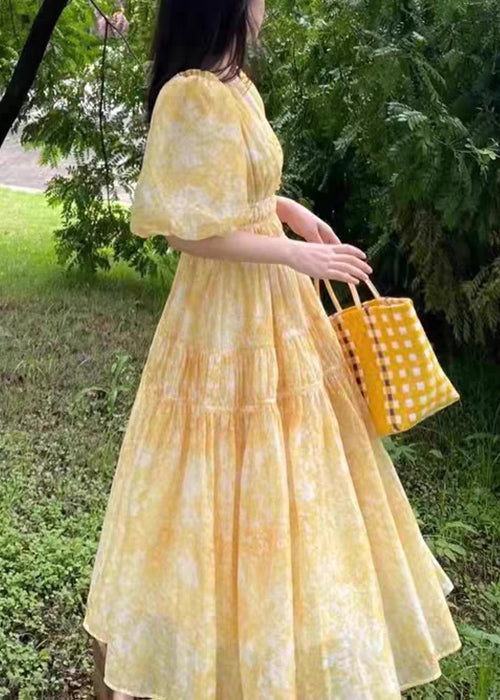 V Long Summer Print Bohemian Yellow Neck Chiffon Dress