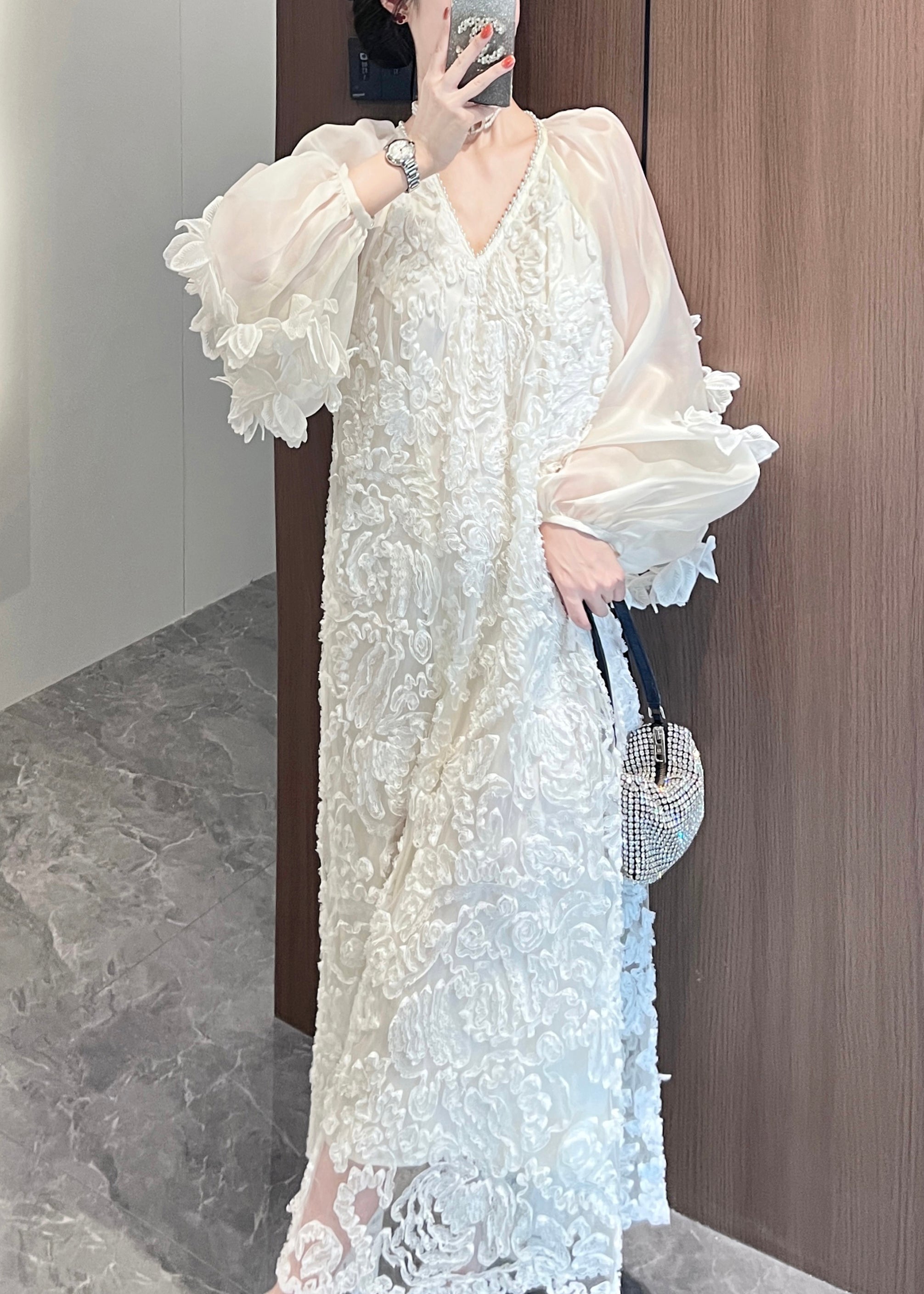 Long Spring Patchwork Italian Beige Dresses Lace Tulle Neck V