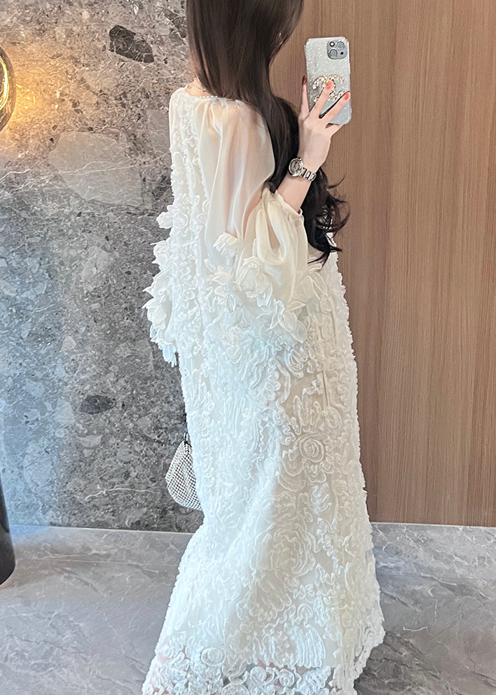 Long Spring Patchwork Italian Beige Dresses Lace Tulle Neck V