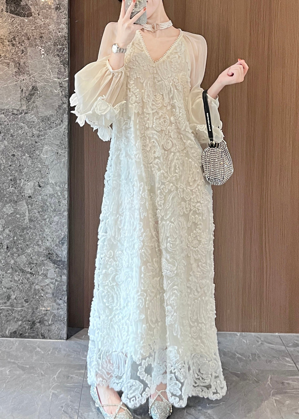 Long Spring Patchwork Italian Beige Dresses Lace Tulle Neck V